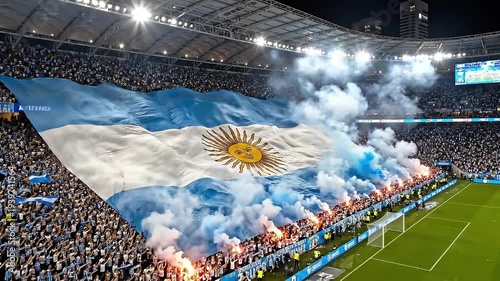 National flag of Argentina waving with smoke effects during a soccer match in a packed stadium