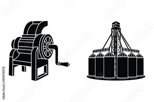 Industrial Grain Mill and Silo Storage Vector Icons