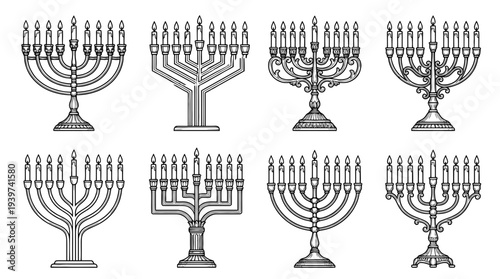 menorah , realistic line art vector set , white background , PNG and SVG isolate