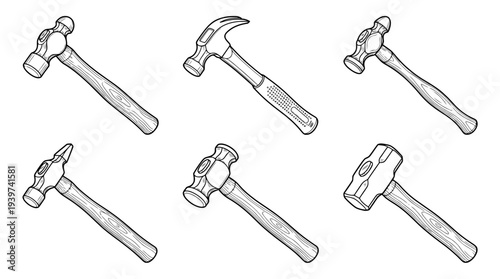 metalworking hammer , realistic line art vector set , white background , PNG and SVG isolate