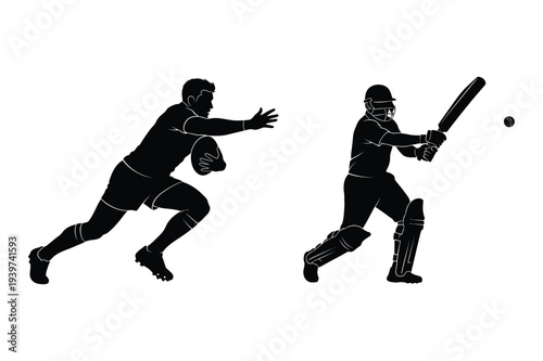 Rugby Player Catching Ball and Cricket Player Batting