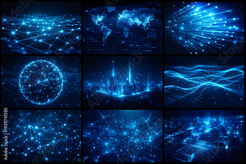 Abstract Digital Technology Background Collection, 
Futuristic Blue Network Data Connection Concept Bundle