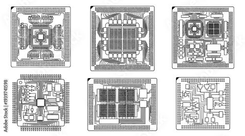 microchip , realistic line art vector set , white background , PNG and SVG isolate