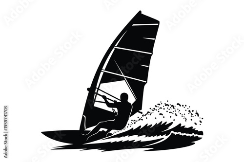 Windsurfer Silhouette Riding Wave on White Background