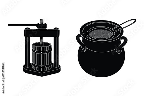 Wine Press and Cooking Pot Illustration