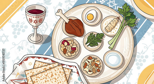 Passover Seder Plate with Matzah and Wine, Illustrative Celebration of Jewish Holiday Traditions