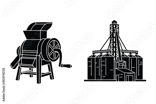 Corn Sheller and Grain Silo Silhouettes