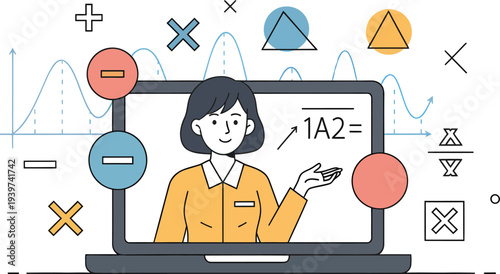 Online learning a woman teaches mathematics concepts on a laptop screen