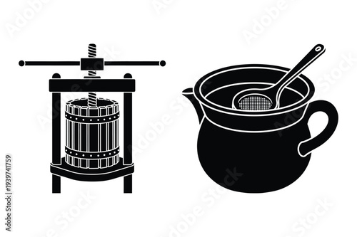 Wine Press and Pitcher Silhouette Icons