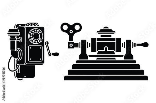 Rotary Phone and Printing Press Silhouette Icons