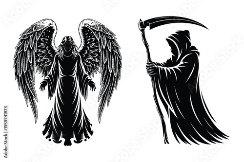 Angel and Grim Reaper Silhouettes on White Background