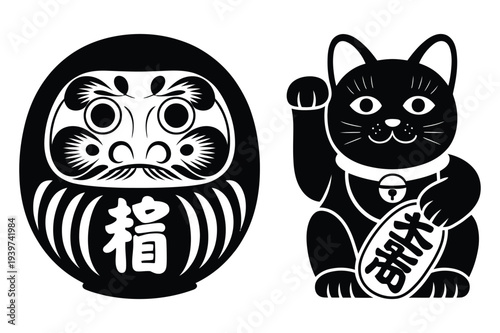 Japanese Daruma Doll and Black Maneki Neko Cat Icons