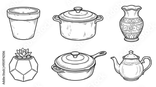 pot , realistic line art vector set , white background , PNG and SVG isolate