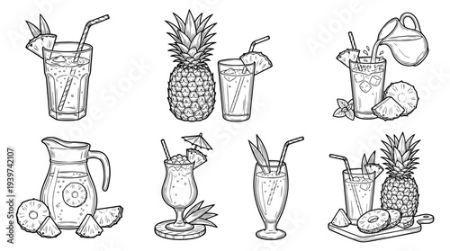 pineapple juice , realistic line art vector set , white background , PNG and SVG isolate