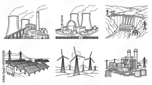 power plant , realistic line art vector set , white background , PNG and SVG isolate