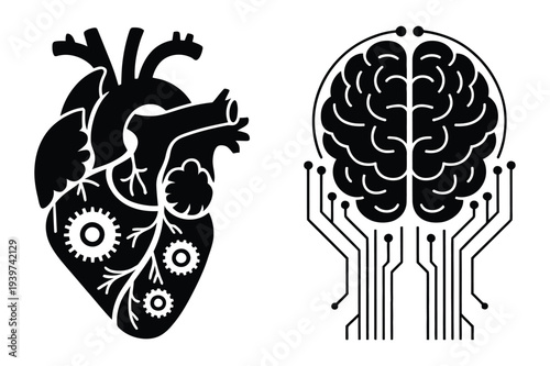 Heart with Gears and Brain with Circuits Icons