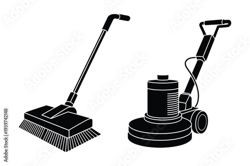 Floor Scrubber and Broom Silhouette