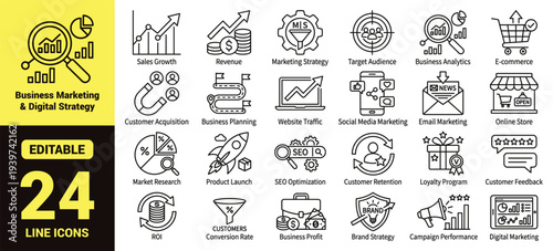 Business, marketing, and digital strategy icon set with sales growth, analytics, customer engagement, ecommerce, brand strategy, and essential business ranking symbols in clean line‑art style