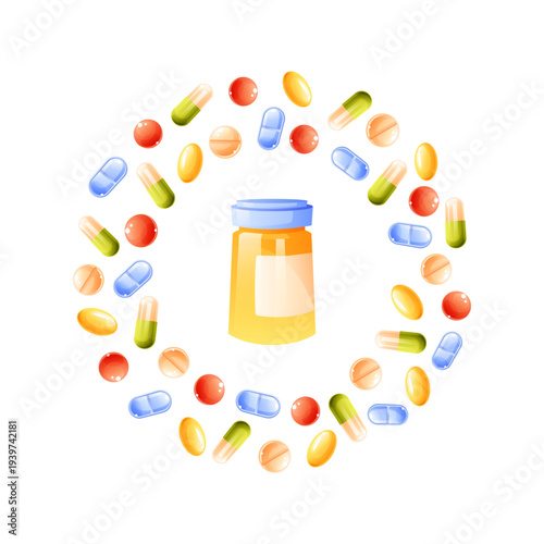 Vector round frame made of multicolored medicines and pills, in different shapes. In the middle is a yellow medicine bottle with a label and a blue lid.