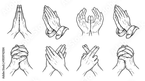 prayer hands , realistic line art vector set , white background , PNG and SVG isolate