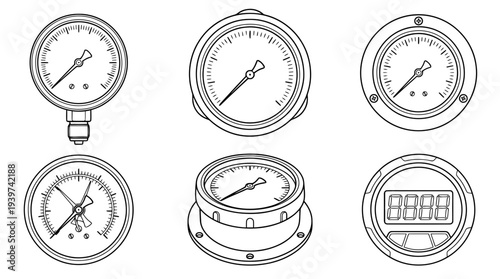 pressure gauge , realistic line art vector set , white background , PNG and SVG isolate