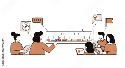 Team of four women collaborating on a project using a kanban board with sticky notes and digital devices in a modern workspace environment