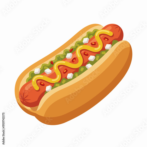A vibrant illustration of a delicious hot dog topped with relish and mustard, ideal for food-related projects, menus, or promotions celebrating casual dining and comfort food.