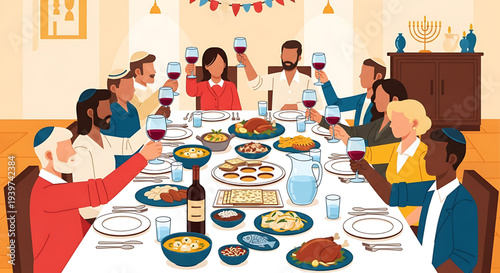 Warm gathering of a diverse community celebrating a Jewish holiday with a festive dinner, sharing traditions and making a heartfelt toast
