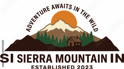 An outdoor adventure logo featuring a scenic mountain view and a cozy cabin, representing the spirit of exploration and nature, ideal for travel, outdoor, or tour companies.