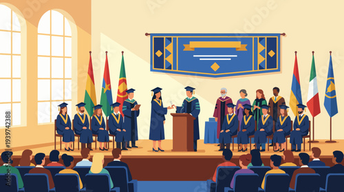 A vibrant graduation ceremony scene showcasing students in caps and gowns, representing diverse cultures with flags displayed, highlighting achievement and celebration.