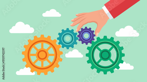 An engaging image of a hand adjusting gears in a light blue sky, symbolizing collaboration and teamwork, representing the mechanics of success in various environments.