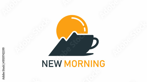 A serene illustration symbolizing a new morning with a rising sun behind a coffee cup and mountains, evoking feelings of freshness and optimism for the day ahead.