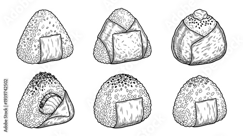 rice ball onigiri , realistic line art vector set , white background , PNG and SVG isolate