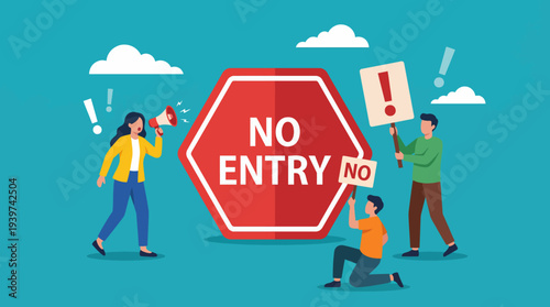 An engaging illustration shows a no entry sign with activists holding banners and expressing their discontent, highlighting themes of protest and social action.