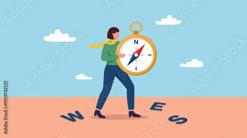 An illustration showcasing a woman confidently holding a large compass, symbolizing guidance and direction in life, reflecting themes of navigation and exploration.