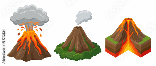 A vivid illustration of an erupting volcano displaying lava flows and ash clouds, capturing the power and beauty of nature's geological processes and phenomena.