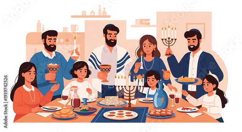 A joyous Jewish family celebrating Hanukkah with a festive meal, menorah lighting, and traditional food