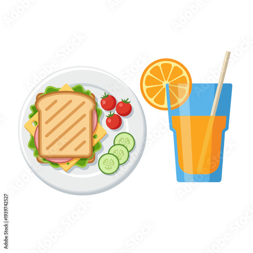 A vibrant meal featuring a sandwich, sliced cucumbers, cherry tomatoes, and a refreshing orange drink, ideal for a casual lunch or picnic setting combined with nutrition.