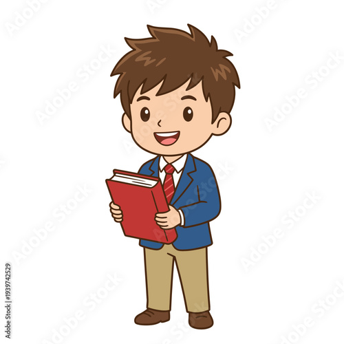 A joyful boy dressed in a suit holding a book represents enthusiasm for learning, showcasing the importance of education and knowledge in a vibrant and engaging manner.