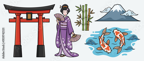 A colorful representation of Japanese culture featuring a geisha, koi fish, Mount Fuji, bamboo, and a traditional torii gate, celebrating the beauty and elegance of Japan.