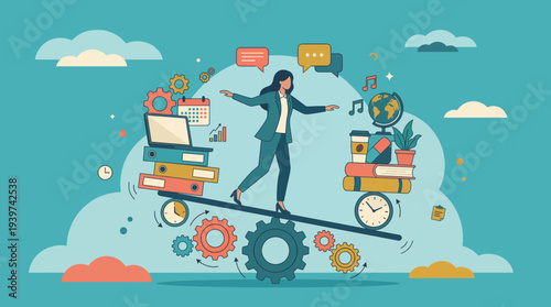 A woman skillfully balancing work, studies, and personal life in a visually engaging manner, emphasizing the importance of harmony and productivity in modern life.