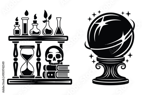 Alchemy Lab and Crystal Ball Icons Vector Set