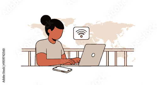 Woman working on laptop with wi fi symbol and world map in the background representing global connectivity and remote work