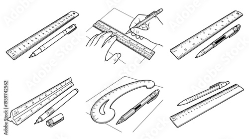 ruler and pen , realistic line art vector set , white background , PNG and SVG isolate