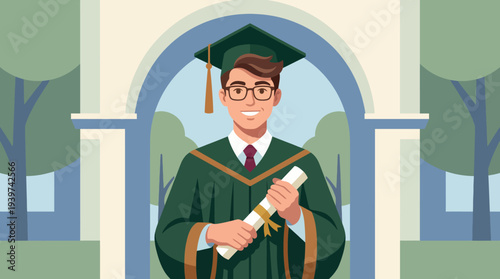 This illustration captures a proud graduate in cap and gown holding a diploma, representing achievement, hard work, and the joy of education and success.