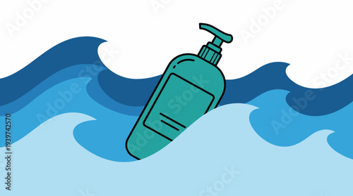 A shampoo bottle floating on vibrant waves, representing the connection between beauty and nature. Ideal for discussing eco-friendly products or beauty themes.