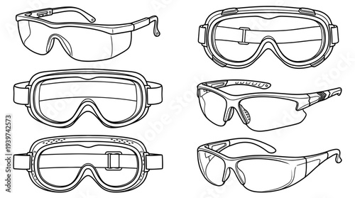 safety goggles , realistic line art vector set , white background , PNG and SVG isolate