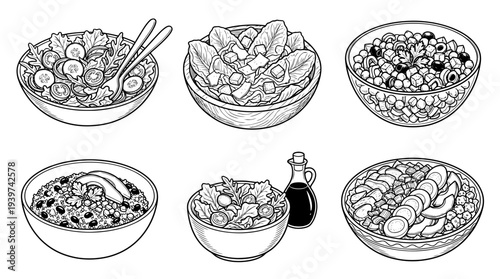 salad bowl , realistic line art vector set , white background , PNG and SVG isolate
