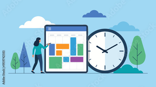 A dynamic illustration featuring a person interacting with a calendar and clock, symbolizing time management and organization. Suitable for productivity or lifestyle topics.