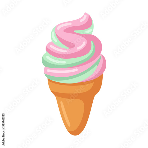 A vibrant ice cream cone featuring pink and green swirls, ideal for warm days, celebrations, or simply satisfying your sweet tooth. Perfect for summer fun or dessert lovers.